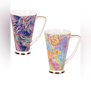 NWT Set of 2 Tall Floral Porcelain Coffee Mugs | 16.9 oz | Gold Base | Gift Box